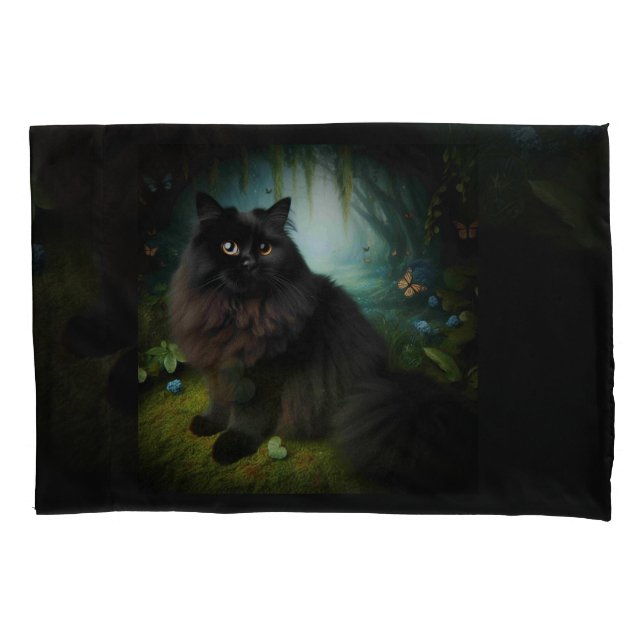 Housse D'oreillers Fluffy Chat noir en Misty Woods (devant)