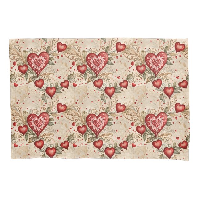 Housse D'oreillers Folk Art Red Hearts (devant)