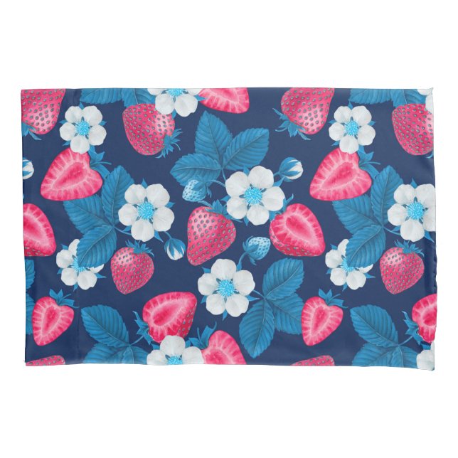 Housse D'oreillers Fraises roses sur bleu (devant)