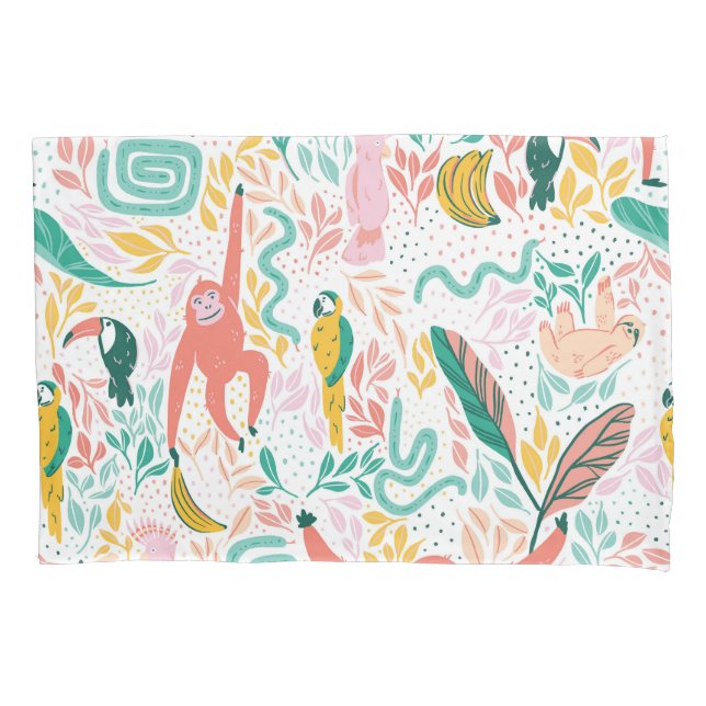 Housse D'oreillers Fun Jungle heureux animaux et rose feuilles tropic (devant)