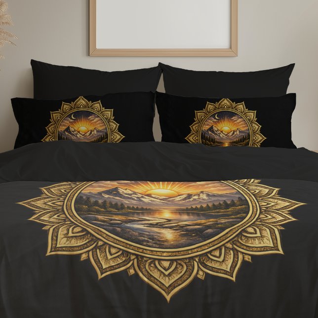 Housse D'oreillers Golden Boho Mandala Mountain Sunset Art | Black (Créateur téléchargé)