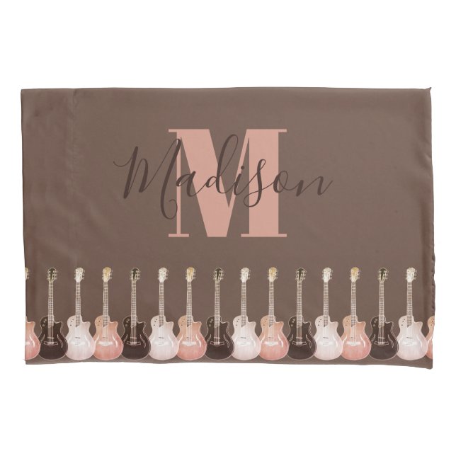 Housse D'oreillers Guitare acoustique illustration Monogramme rustiqu (devant)