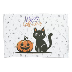 Housse D'oreillers Happy Halloween chat et citrouille