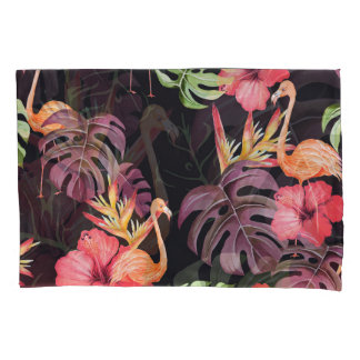 Housse D'oreillers Hibiscus, Flamants roses, Aquarelle Motif tropical