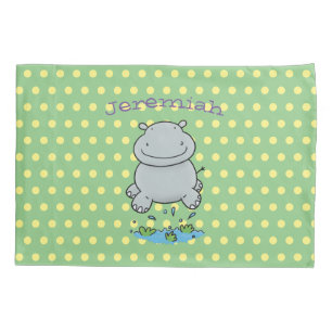 Housse D'oreillers Illustration de l'hippo mignon sur green