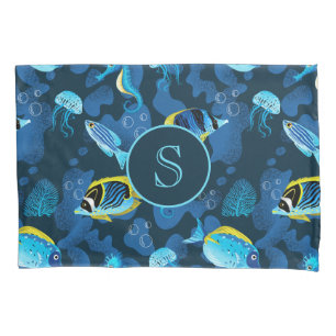 Housse D'oreillers Illustration de poissons tropicaux bleu jaune Mono