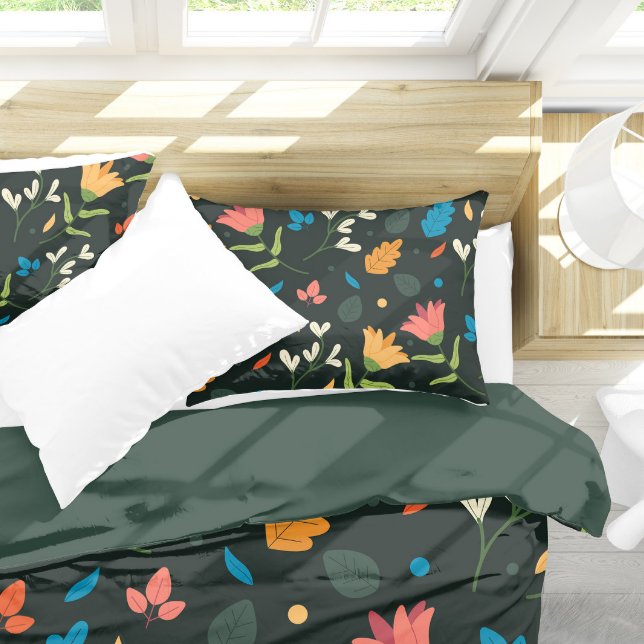 Housse D'oreillers Impression florale botanique noire (Stylish Elegant Black Floral Pattern Pillow Case)