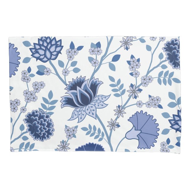 Housse D'oreillers Jacobean Floral Lg Motif Bleu sur Blanc (devant)