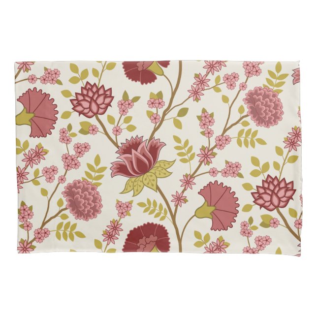 Housse D'oreillers Jacobean Floral Lg Motif Reds Pinks Gold Crème (devant-gauche)