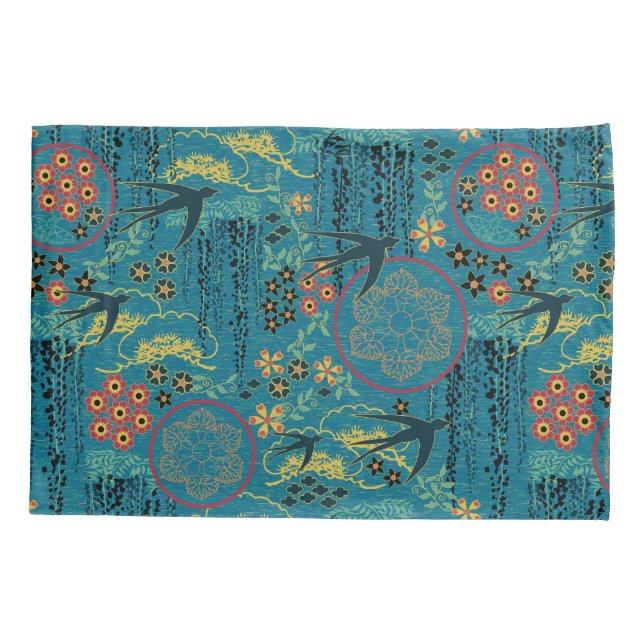 Housse D'oreillers Jardin japonais dans Teal (Dos)