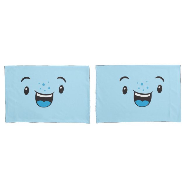 Housse D'oreillers Jeu de Coque Coussin de visage bleu souriant Kawai (devant-Set)