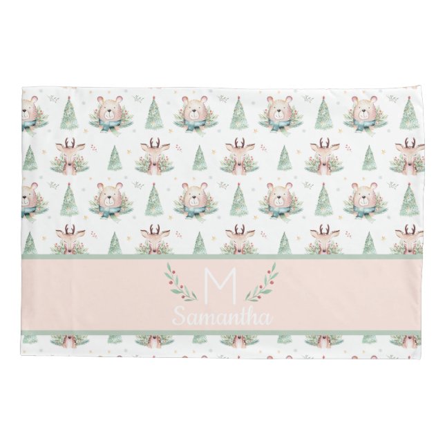 Housse D'oreillers Joli Noël Arbres de Noël Ours & Cerfs Monogramme (Dos)