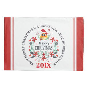 Housse D'oreillers Joyeuse typographie de Noël et couronne de hibou d
