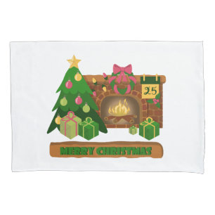 Housse D'oreillers Joyeux Noël près de la cheminée bonfire xmas arbre