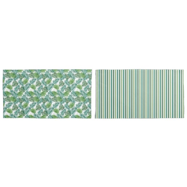 Housse D'oreillers Jungle Tropical Palm Tree Feuilles & Stripes Motif (devant-Set)