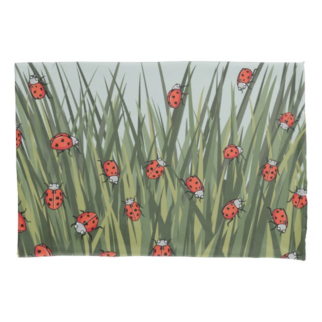 Housse D'oreillers Ladybugs dans le motif d'herbe verte (devant)