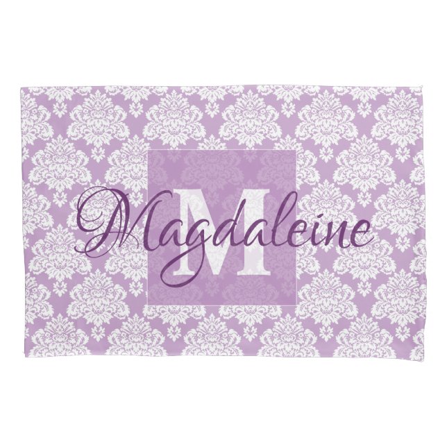 Housse D'oreillers Lavender Damask Coussin Coque avec Monogram & Name (devant)