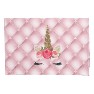 Housse D'oreillers Licorne Fille à la Mode Paillettes Dorées & Roses
