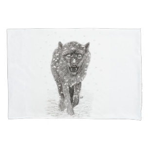 Housse D'oreillers Loup noir en colère dans la neige, hiver sauvage