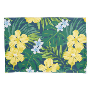 Housse D'oreillers Luna Hibiscus Garden Hawaiian - Jaune et Marine