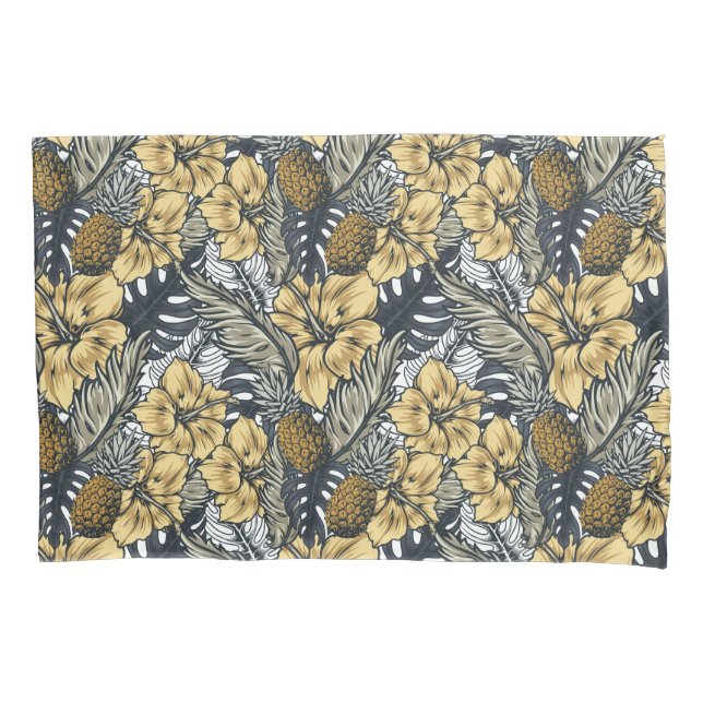Housse D'oreillers Luxe Elegant Or N' Black Tropical Flowers (devant)