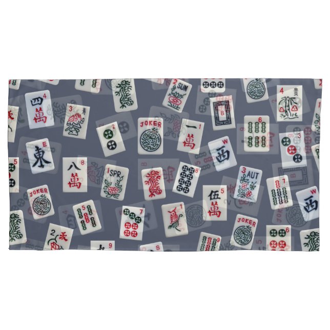 Housse D'oreillers MahJongg mosaïques design sur bleu foncé (devant-gauche)