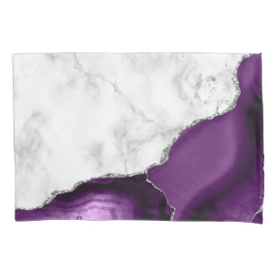 Housse D'oreillers Marbre Blanc Agate Violette Paillettes Argentées