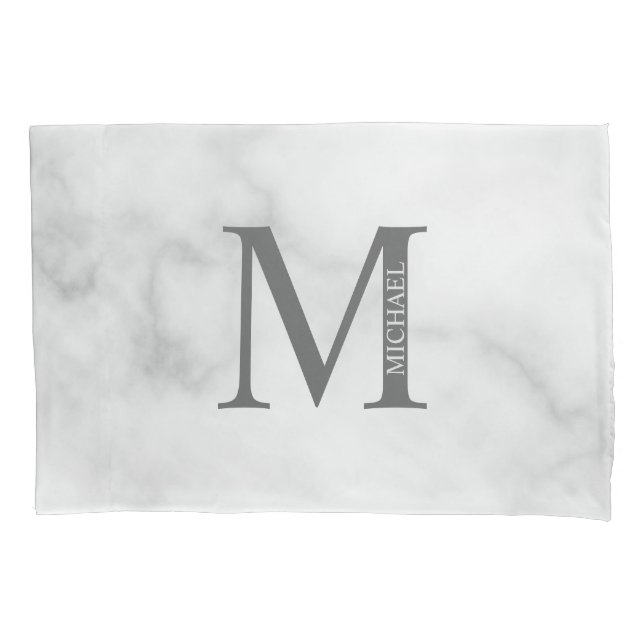 Housse D'oreillers Marbre blanc Monogramme personnalisé et nom (devant)