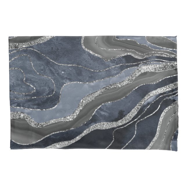 Housse D'oreillers Marbre noir bleu marine Agate Parties scintillant  (devant)