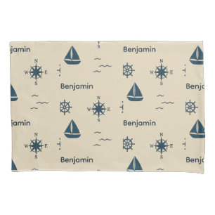 Housse D'oreillers Marine Motif nautique Ancre Voilier Compas Nom