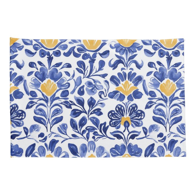 Housse D'oreillers Modèle Floral Bleu & Or Méditerranéen (Dos-Droit)