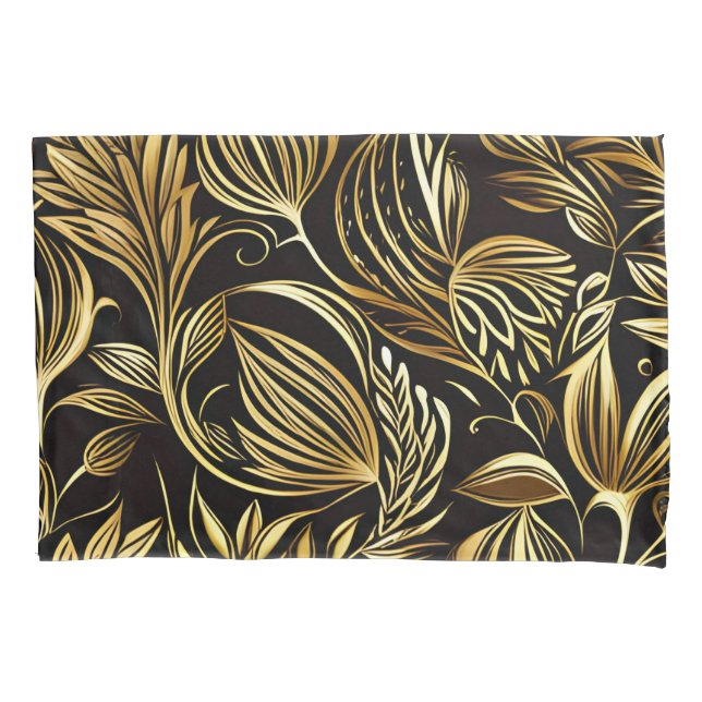 Housse D'oreillers Modèle Floral Or Sur Noir (devant)
