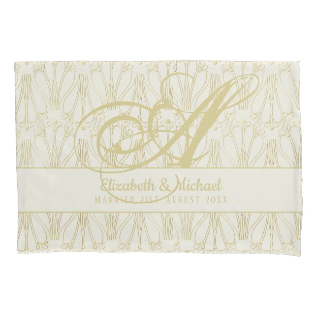 Housse D'oreillers Monogram Gold ArtDeco Newlyweds Mariage Élégant (devant)