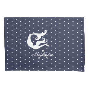 Housse D'oreillers monogramme blanc sirène sur bleu marine