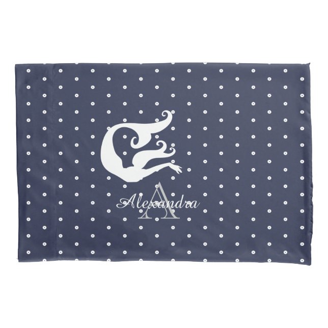 Housse D'oreillers monogramme blanc sirène sur bleu marine (devant)