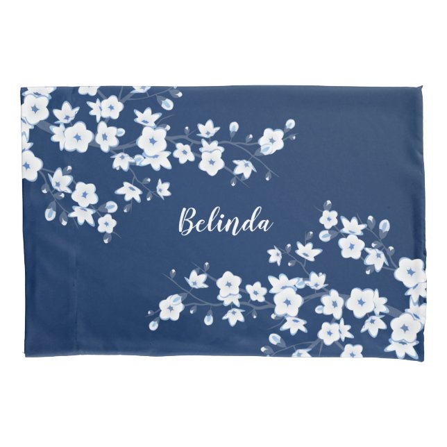 Housse D'oreillers Monogramme de fleurs de cerisier blanc bleu marine (devant)