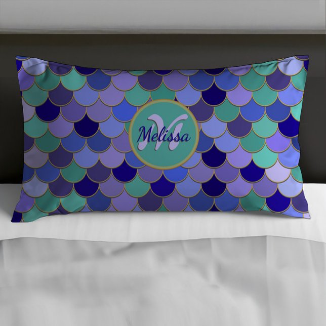 Housse D'oreillers Monogramme de la sirène + Nom | Aqua Turquoise ble (Créateur téléchargé)