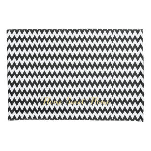 Housse D'oreillers Monogramme d'or Motif moderne Black White Chevron