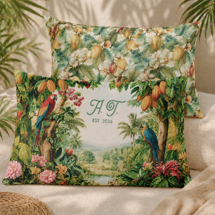 Housse D'oreillers Monogramme Fleur Aquarelle Perroquets Cacao Tropic