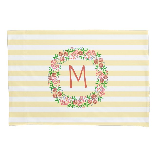 Housse D'oreillers Monogramme Floral Wreath Aquarelle rayures Jolie (devant)