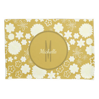 HOUSSE D'OREILLERS MONOGRAMME FLORALE ÉLÉGANT DE CRÈME D'OR DE LUXE