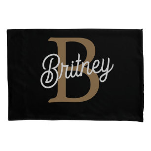 Housse D'oreillers Monogramme moderne élégant Nom Black Gold Script