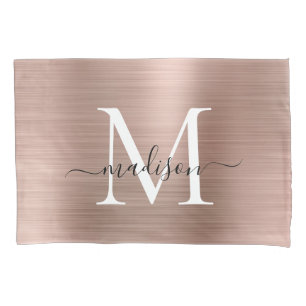 Housse D'oreillers Monogramme or rose Script Élégant Métal brossé