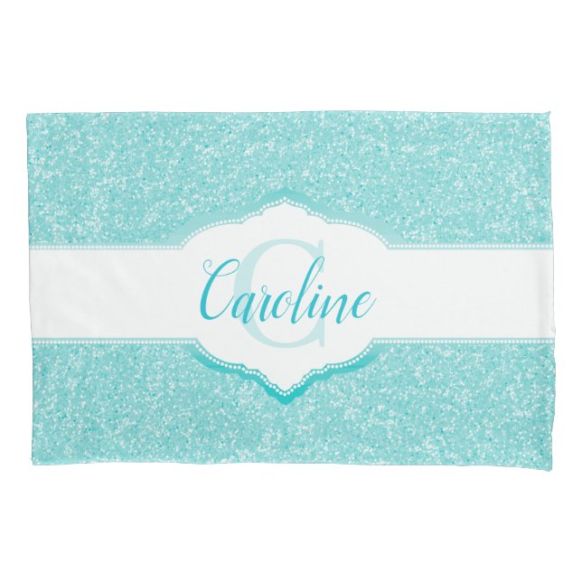 Housse D'oreillers Monogramme Parties scintillant turquoise (devant)