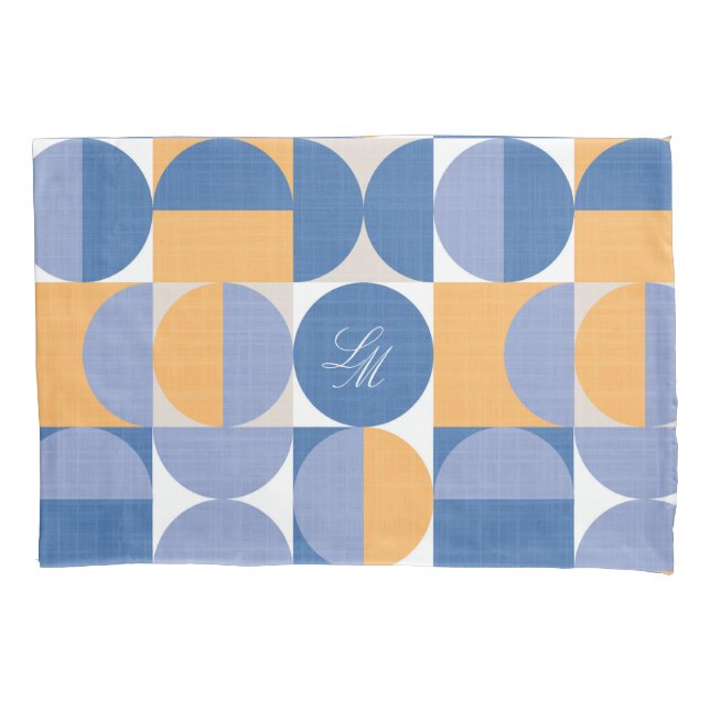 Housse D'oreillers Monogramme Rétro Bleu Jaune Cercles Milieu de Sièc (devant)