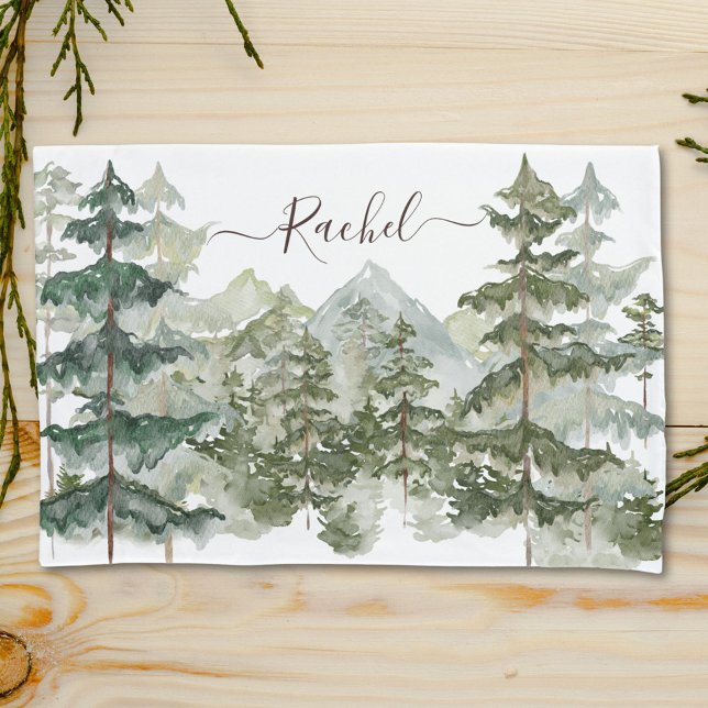 Housse D'oreillers Monogramme Rustique Aquarelle Forêt et montagne (In situ)