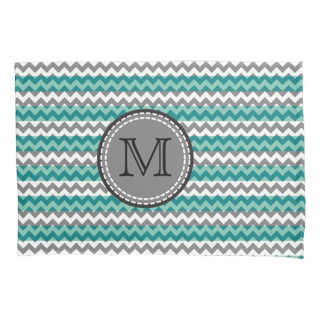 Housse D'oreillers Monogramme Turquoise et Grey Chevron Zigzag (devant)