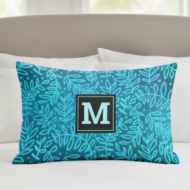 Housse D'oreillers Monogramme turquoise ombre feuille motif audacieux (Créateur téléchargé)