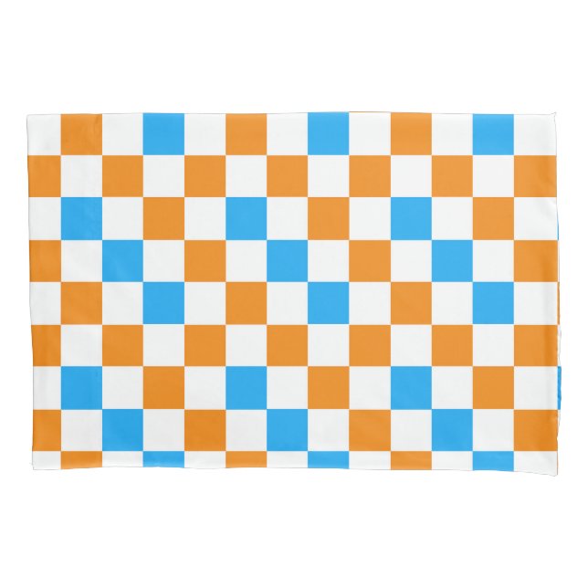 Housse D'oreillers Motif à carreaux orange blanc et bleu  (devant)