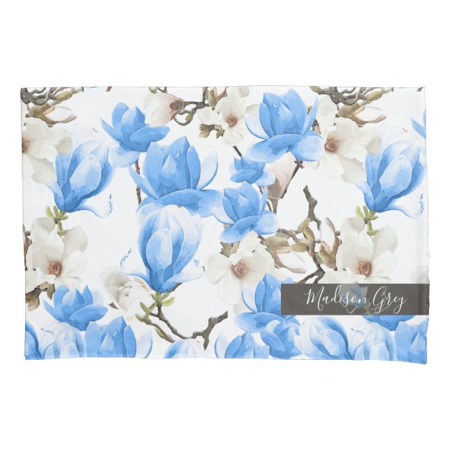 Housse D'oreillers Motif d'aquarelle bleu et blanc Magnolia Blossom (devant)